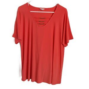 Cato Blouse Size LARGE Pullover V-Neck with Metal Accent Short Sleeves Casual